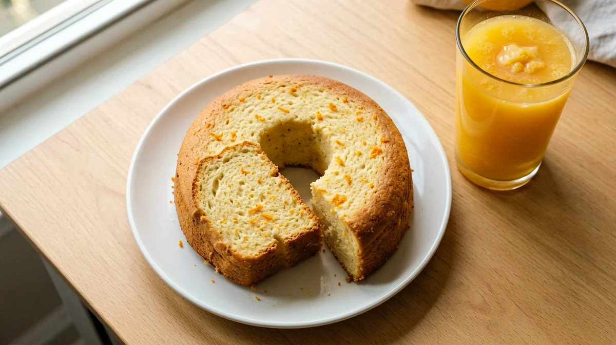 Fetta di ciambellone all'arancia con spremuta