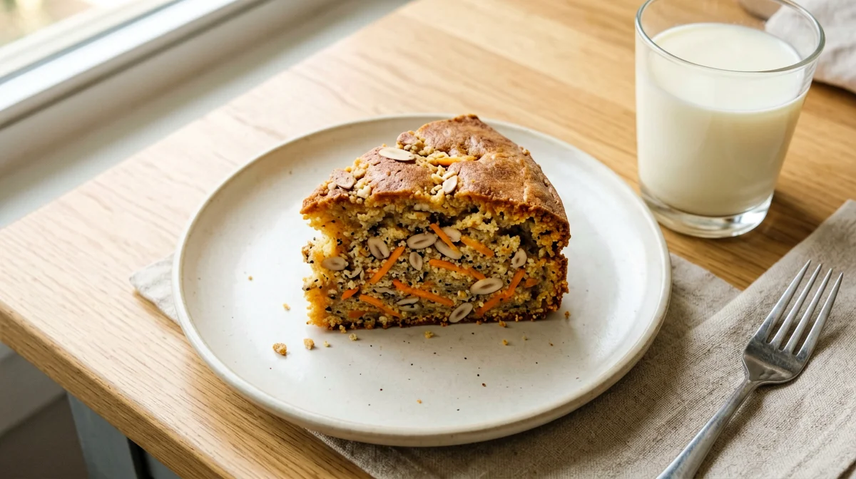 Fetta di torta di carote e mandorle con latte