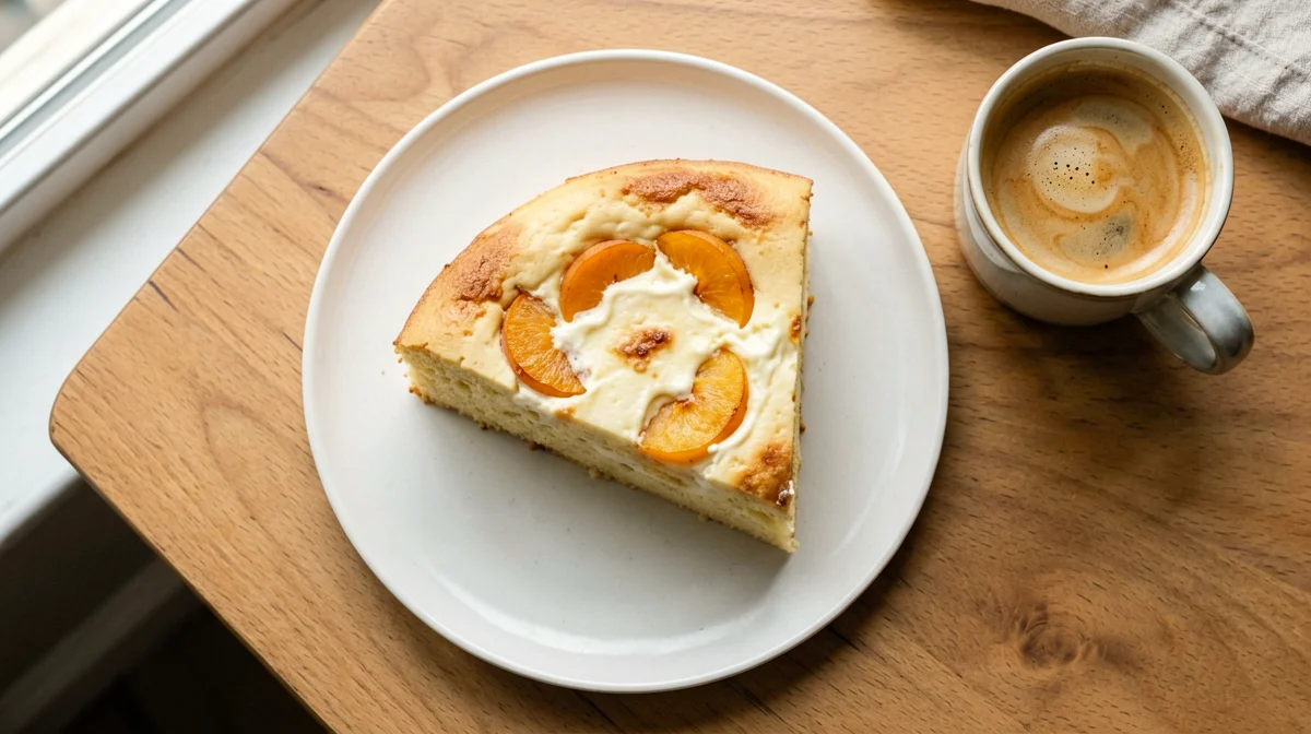 Fetta di torta allo yogurt e albicocche con caffè