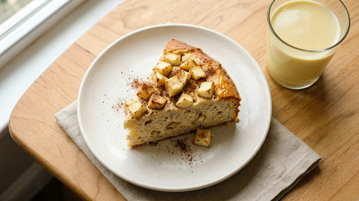 Fetta di torta vegana di mele e cannella con bevanda di mandorla