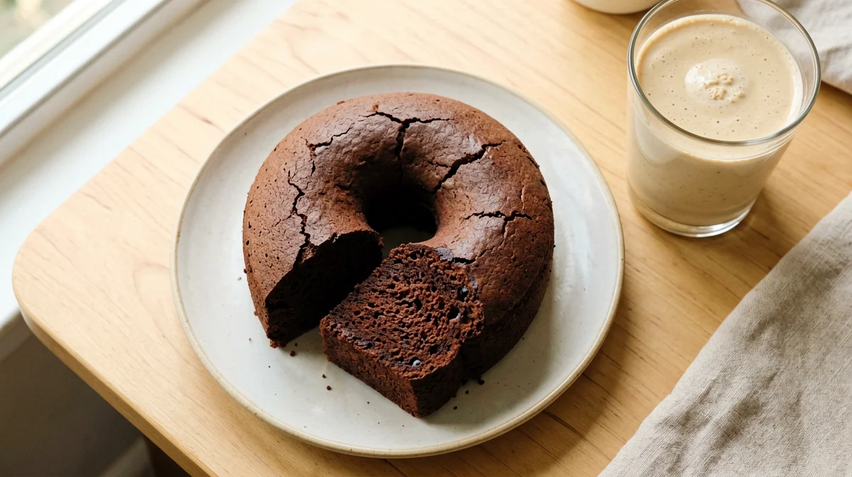Fetta di ciambella vegana al cacao con bevanda d'avena