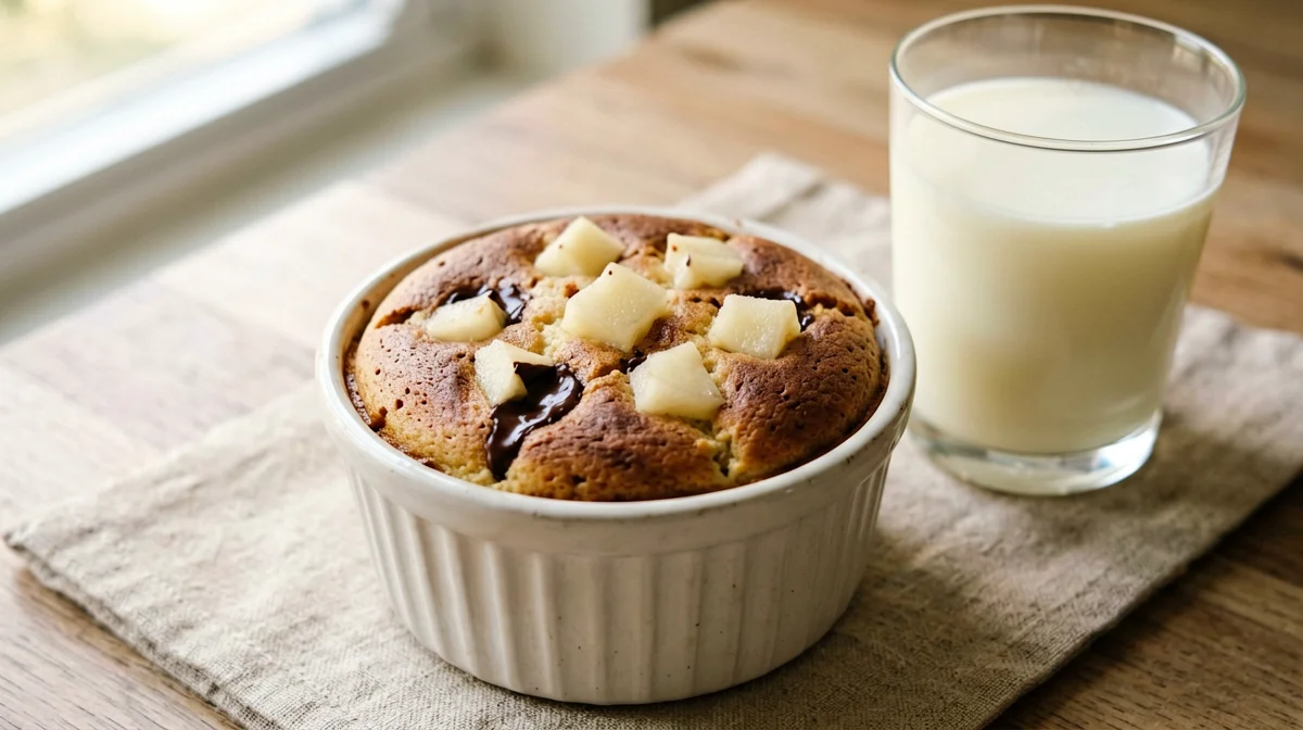 Pear and dark chocolate mini cake with milk