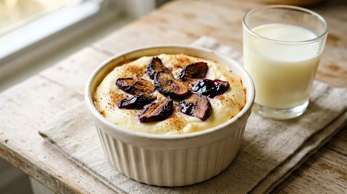 Plum and yogurt mini cake in a ramekin