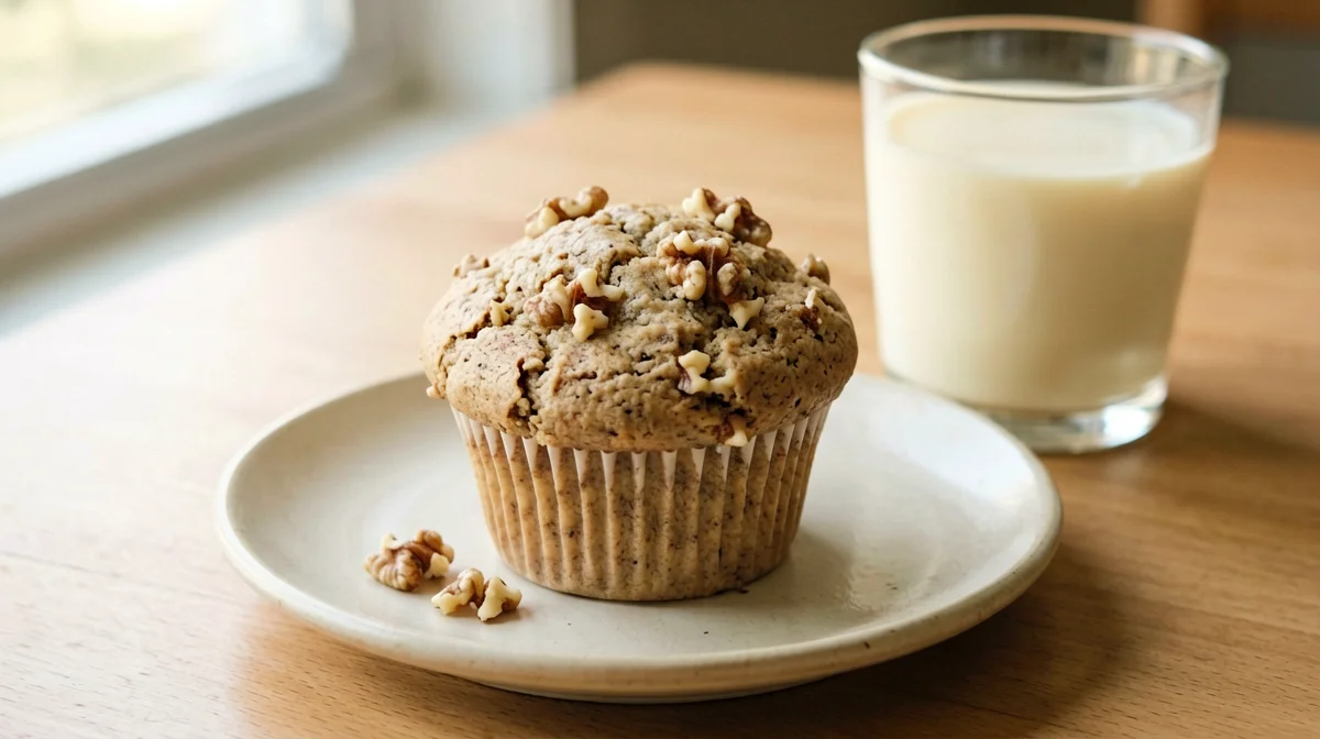 Muffin vegano di banana e noci con bevanda di soia