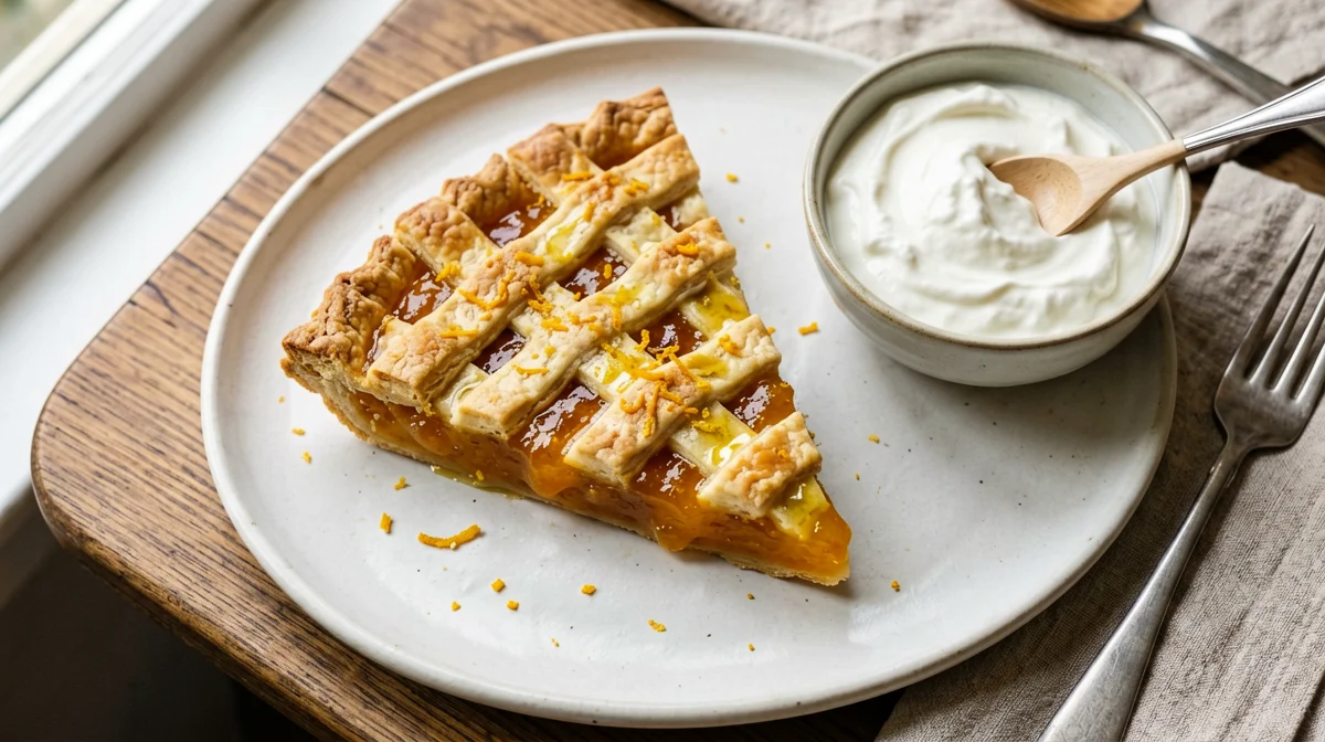 Slice of orange marmalade tart with Greek yogurt