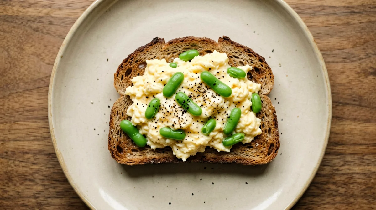Scrambled eggs with fresh broad beans and pecorino on rye bread