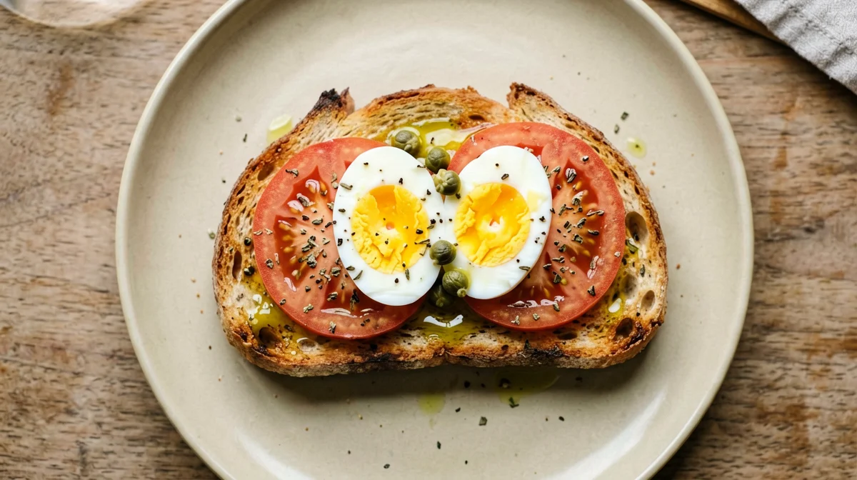 Pane e pomodoro all'origano con uovo sodo e capperi