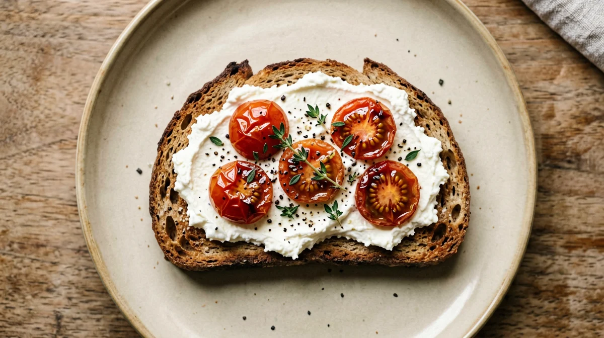 Rye toast with ricotta, roasted cherry tomatoes and thyme