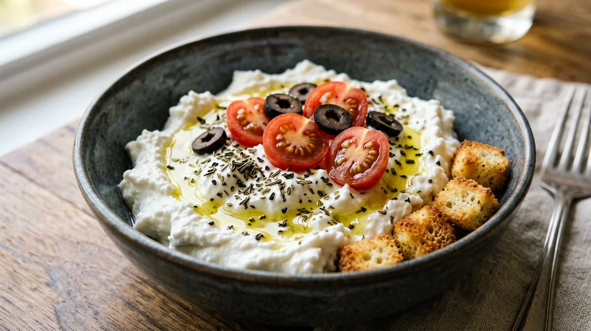 Oregano cottage cheese with cherry tomatoes, olives and croutons