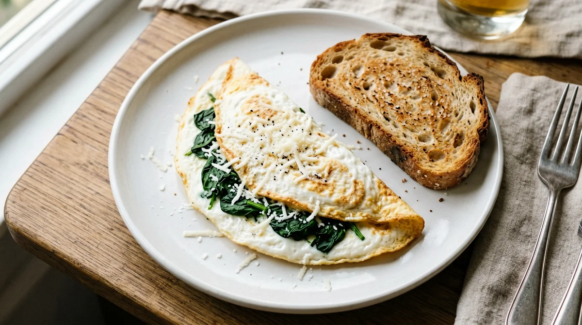 Egg white omelette with spinach, grana and rye bread