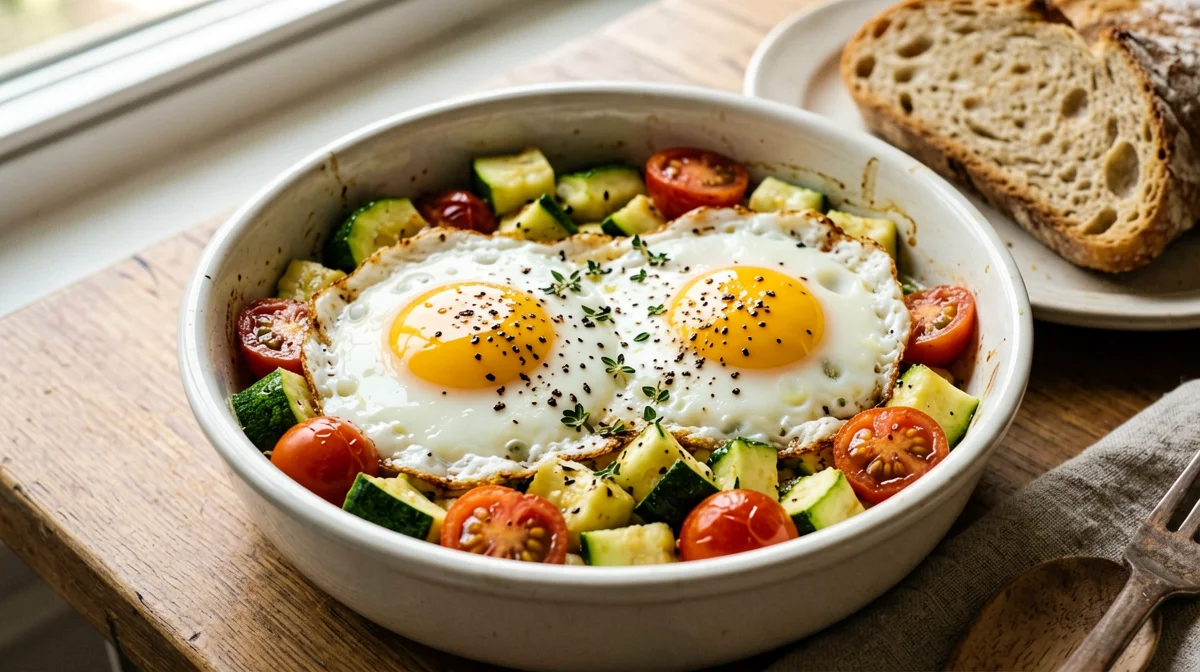 Baked eggs on zucchini and cherry tomatoes with marjoram