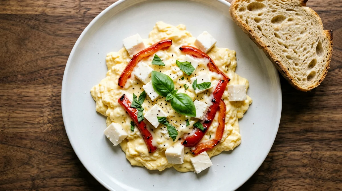 Strapazzata con peperoni arrostiti e scamorza