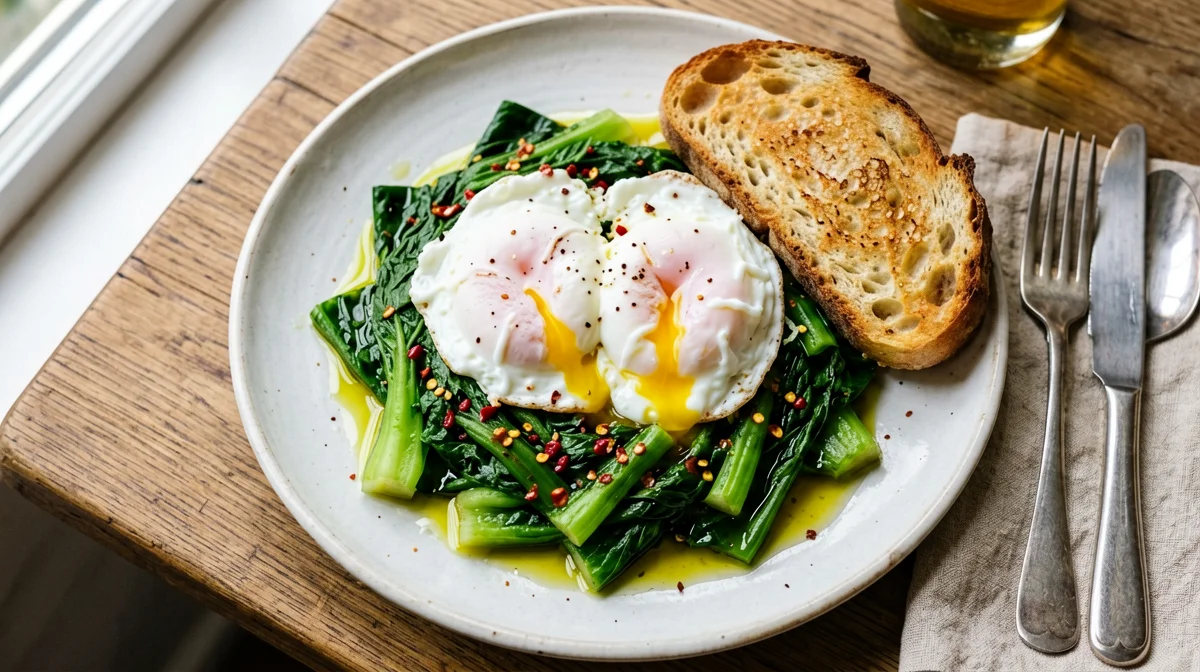 Poached eggs with sautéed chicory and country bread