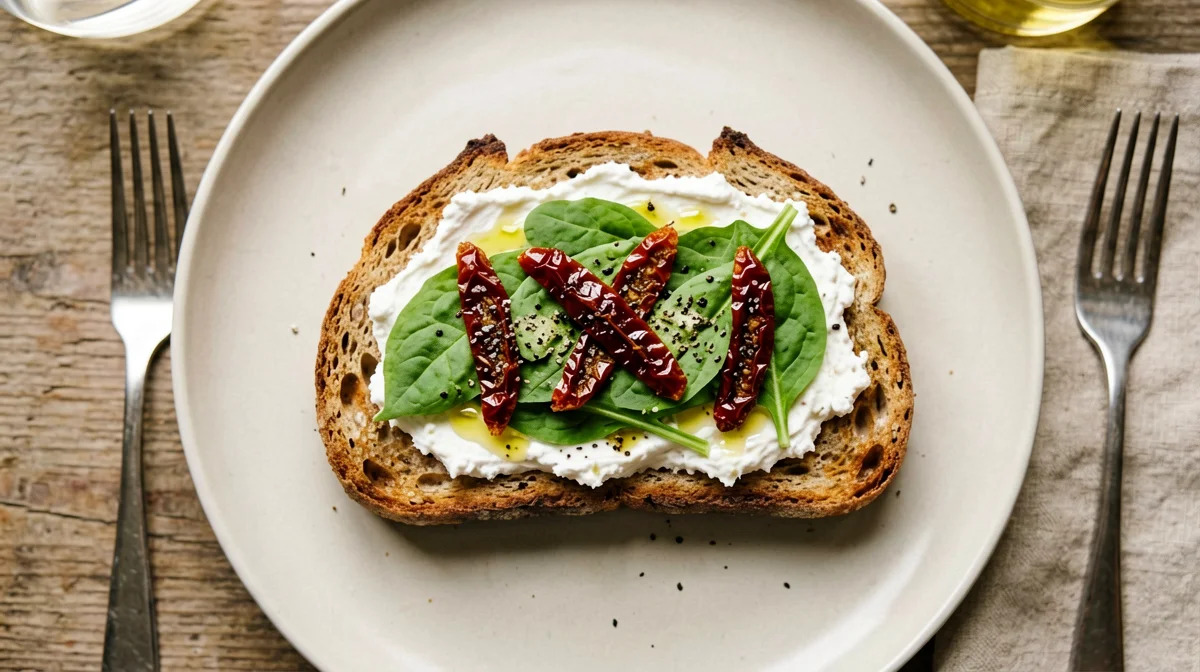 Toast integrale con ricotta, pomodori secchi e rucola
