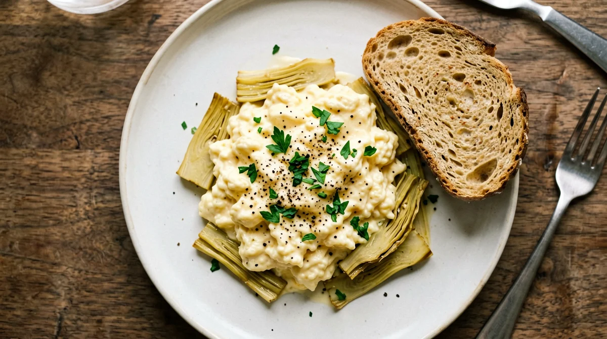 Uova strapazzate con carciofi trifolati e pane di segale