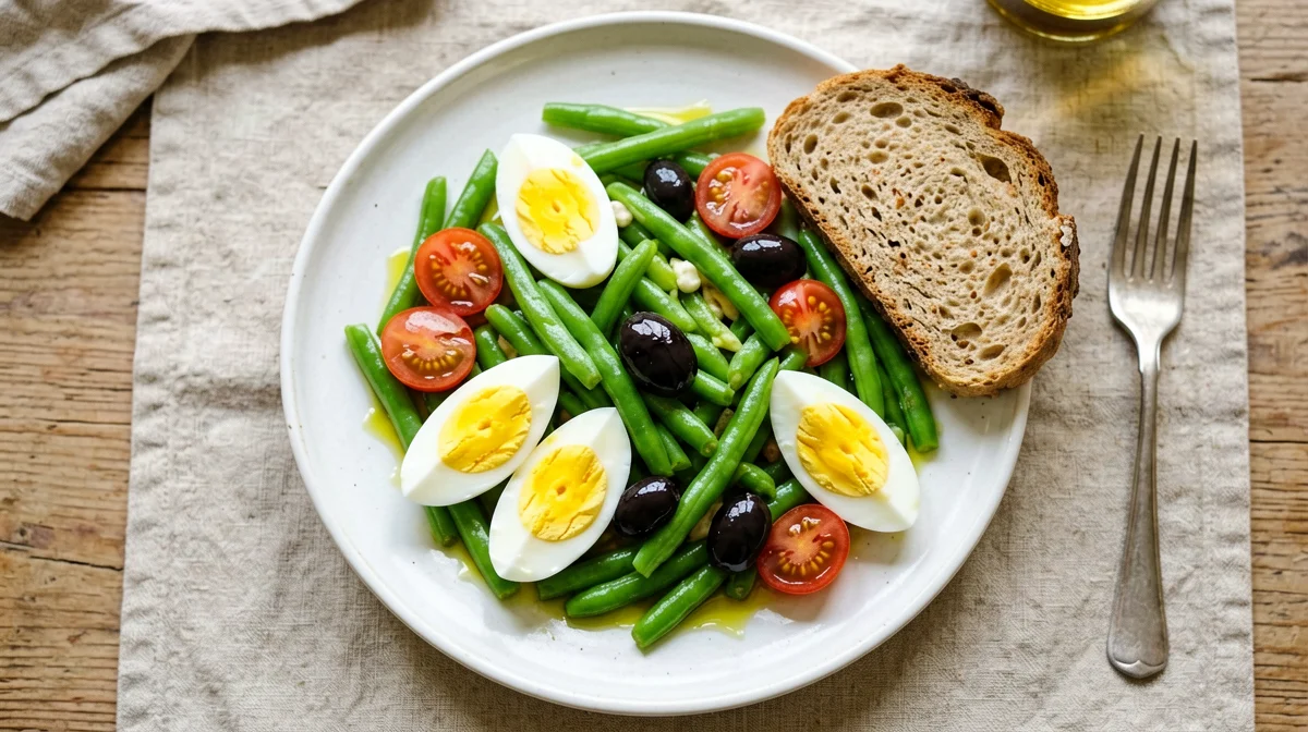 Insalatina di uova sode, fagiolini e olive con pane di segale