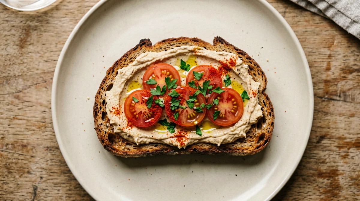 Chickpea hummus on rye bread with cherry tomatoes and paprika