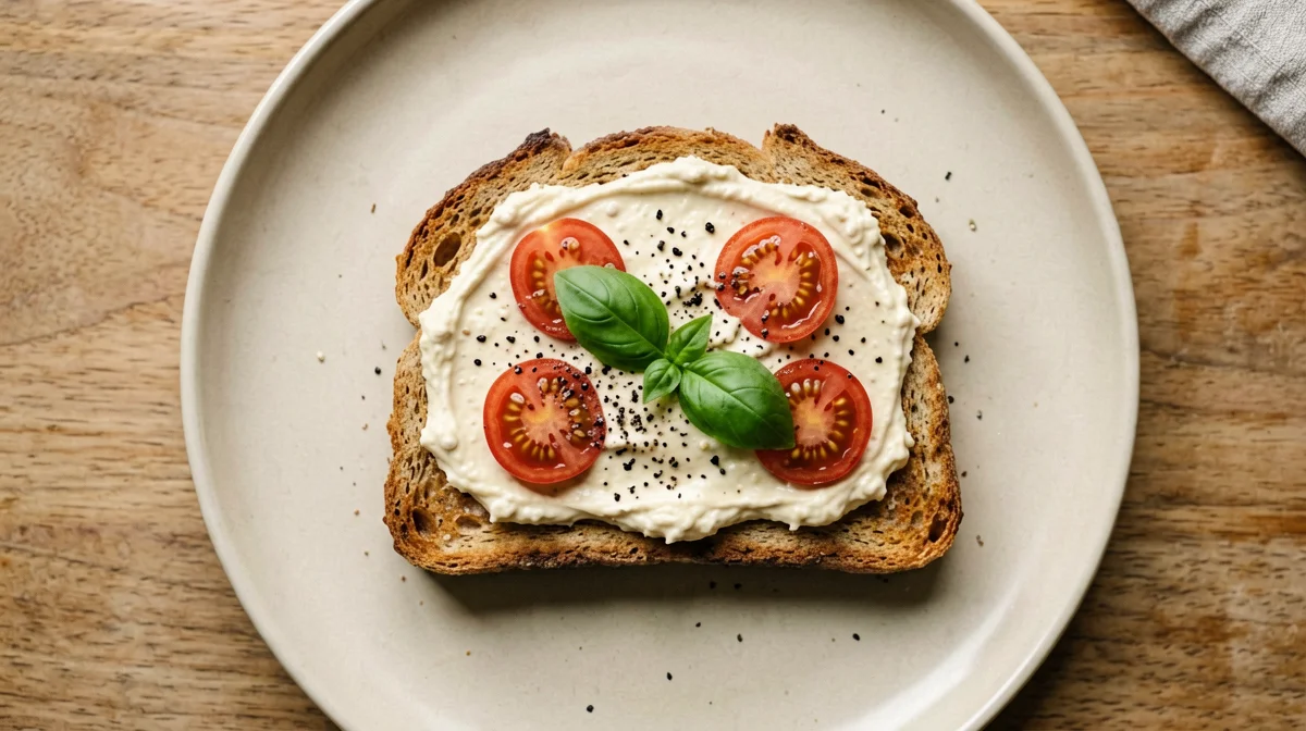 Lemony cannellini cream on wholemeal bread with cherry tomatoes