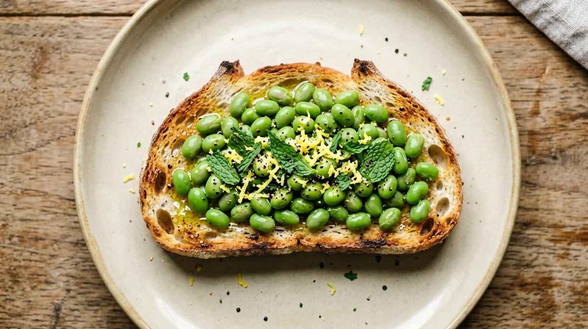Bruschetta di fave schiacciate, menta e limone
