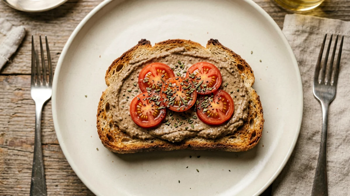 Pane integrale con crema di lenticchie, pomodorini e origano