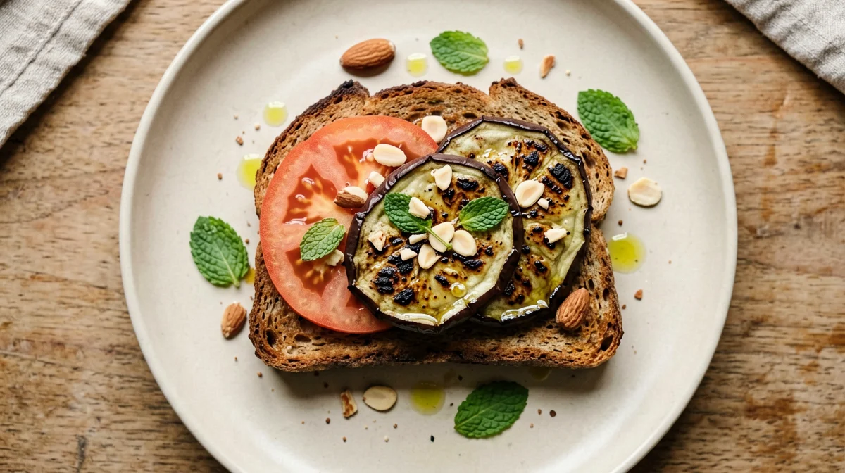 Rye toast with grilled aubergine, tomato and almonds