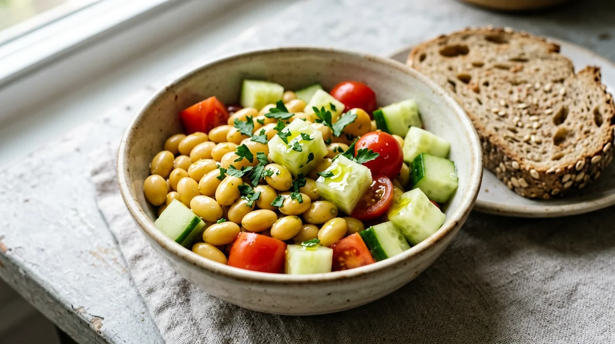 Lupin bean, cherry tomato and cucumber salad with multigrain bread