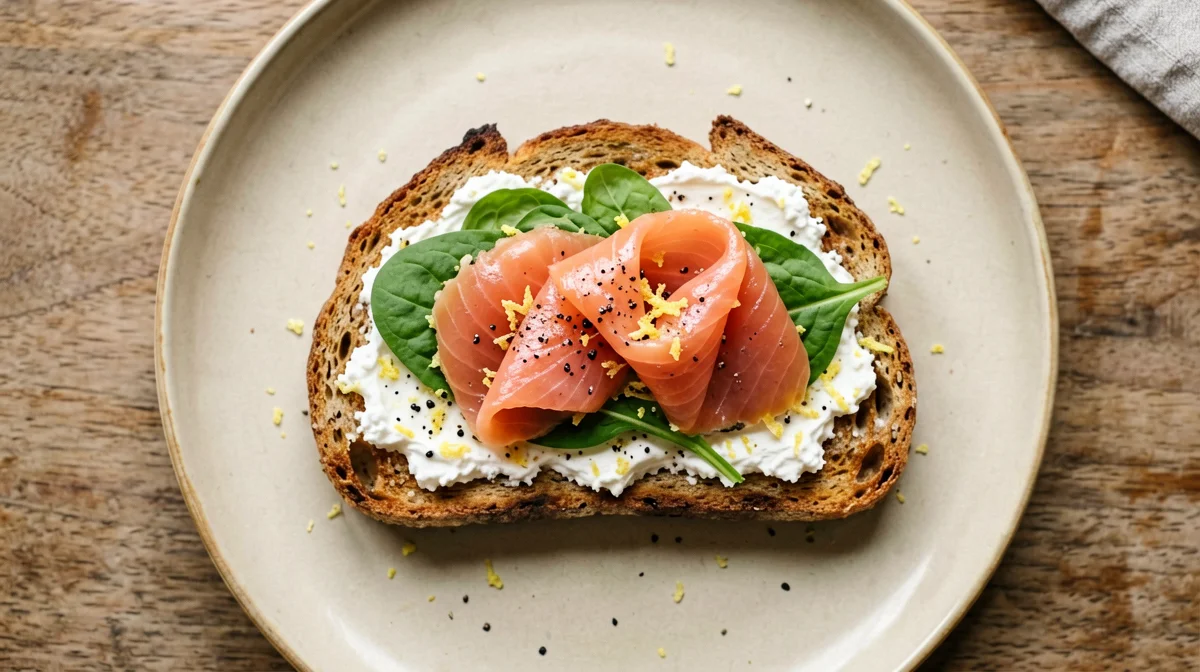 Salmone affumicato su pane integrale con ricotta e scorza di limone