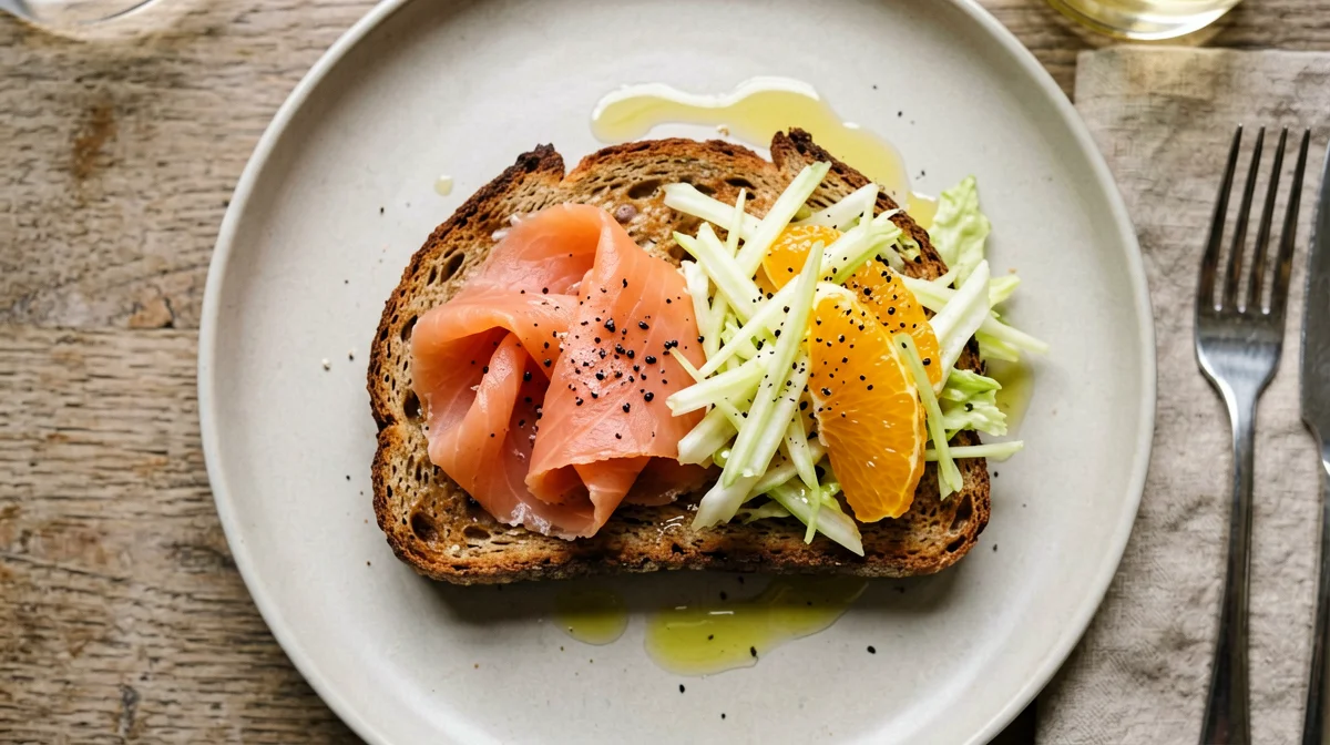 Rye bread with smoked salmon, fennel and orange