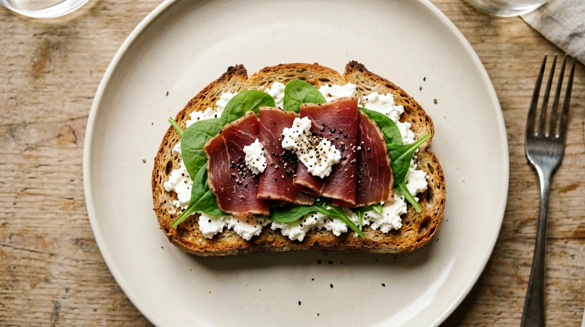 Toast integrale con bresaola, fiocchi di latte e rucola