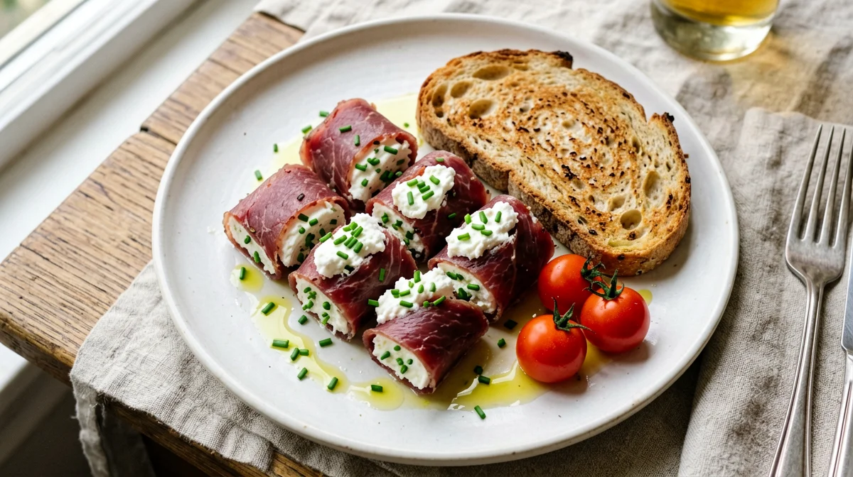 Rotolini di bresaola e caprino con pane di segale e pomodorini