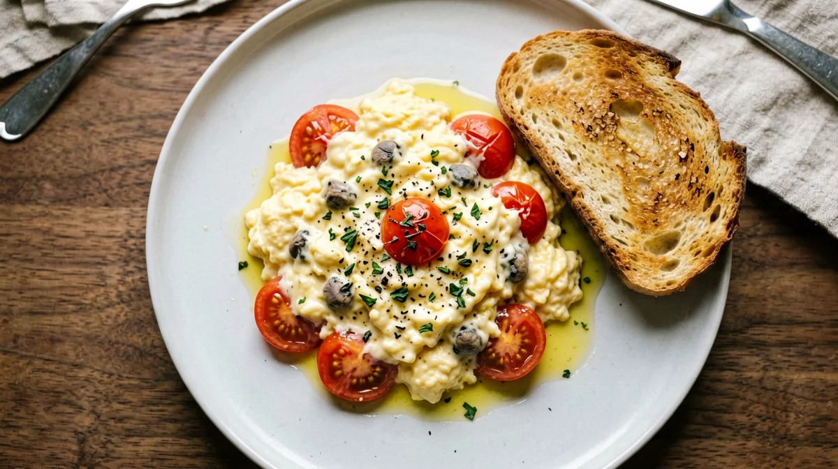 Scrambled eggs with anchovies, cherry tomatoes and oregano