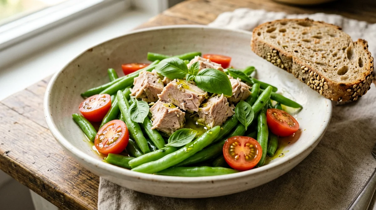 Tuna, green beans and cherry tomatoes with multigrain bread