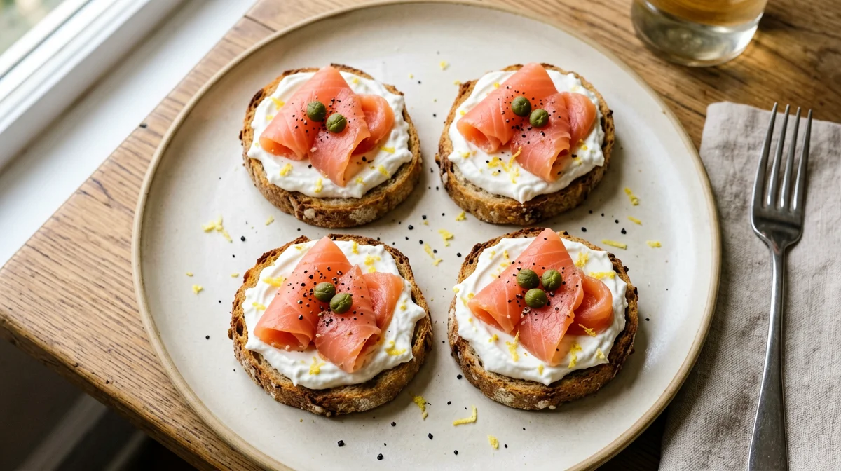 Crostini integrali con salmone affumicato, yogurt al limone e capperi