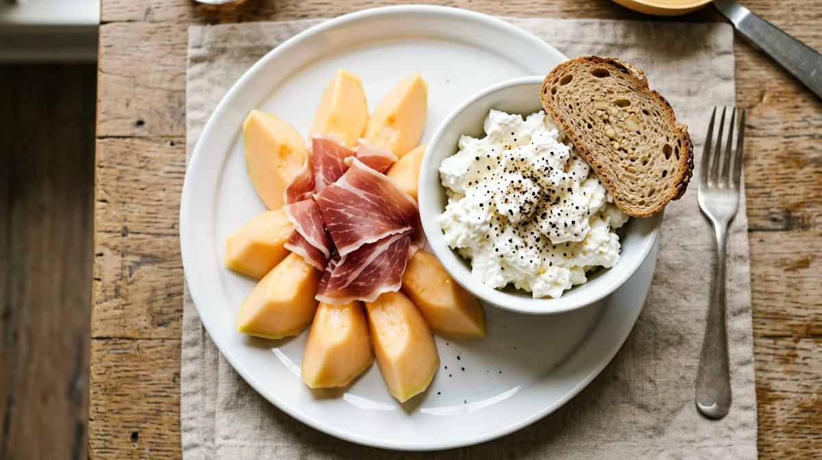 Prosciutto crudo e melone con pane integrale e fiocchi di latte