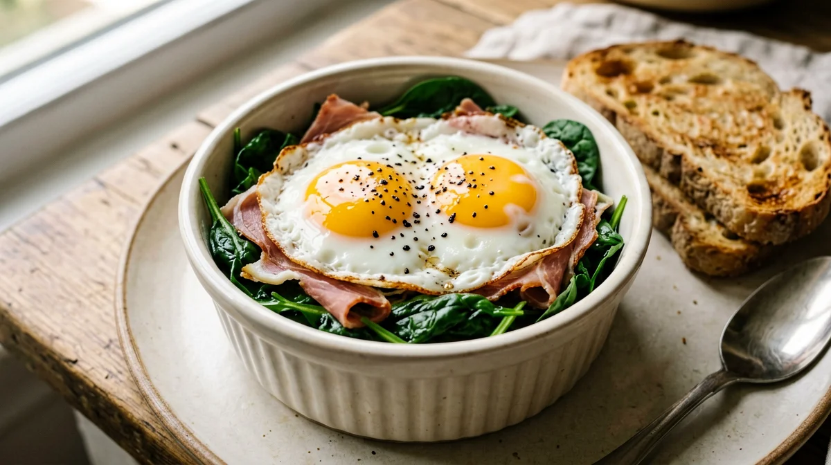Egg, spinach and prosciutto cocotte
