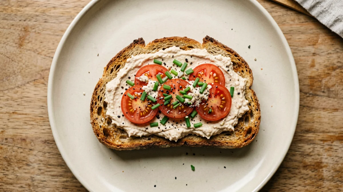 Crema di tonno e ricotta su pane integrale con pomodorini