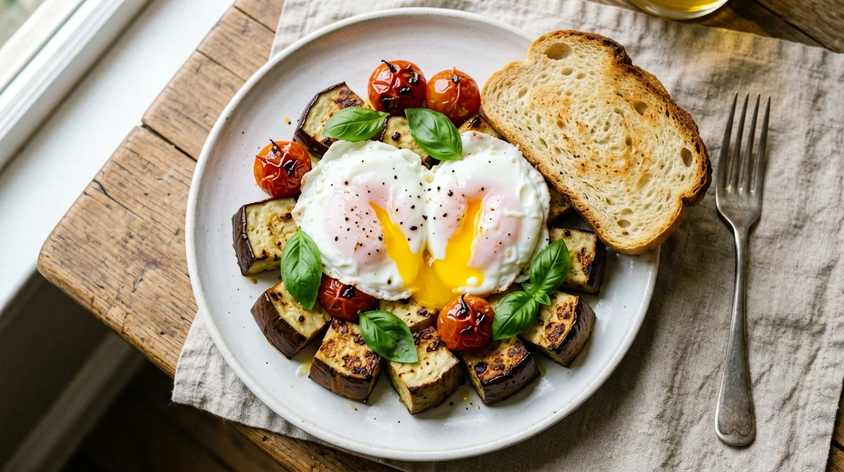 Poached eggs with roasted aubergine and cherry tomatoes