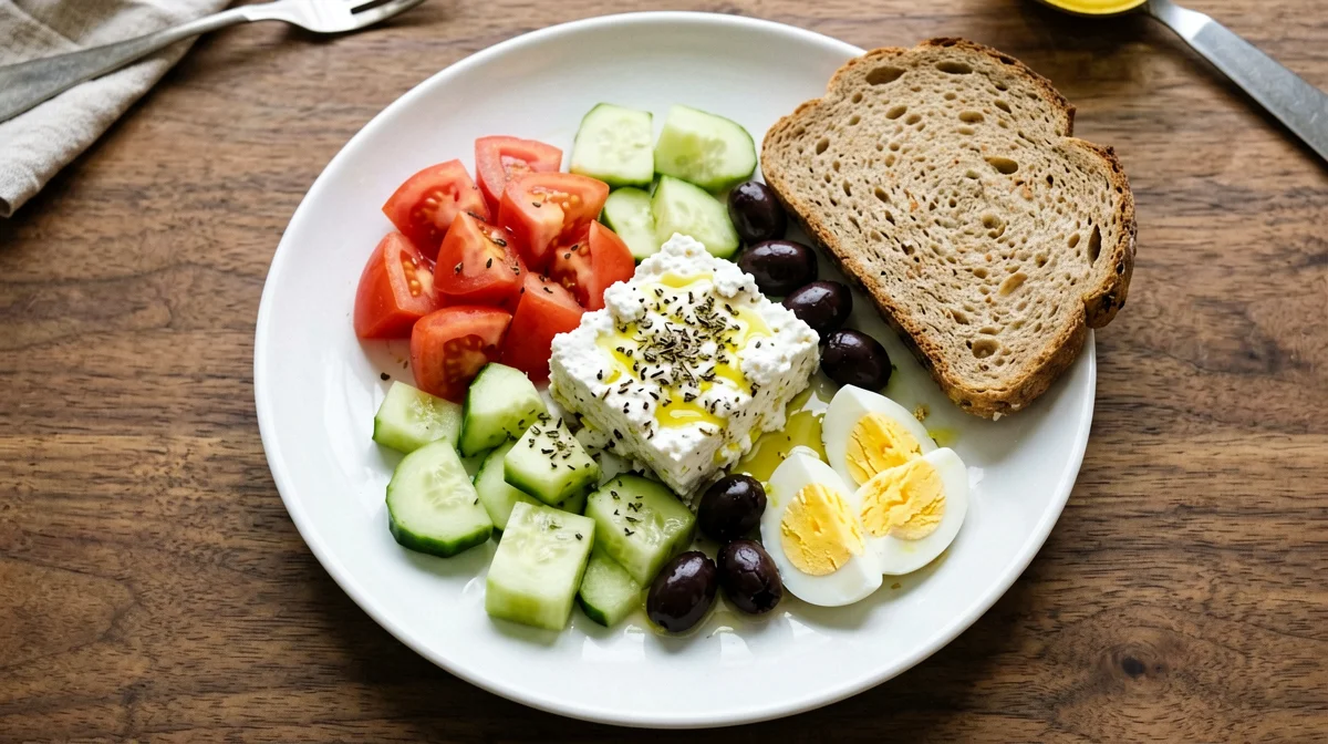 Insalata greca da colazione con uovo sodo e pane integrale