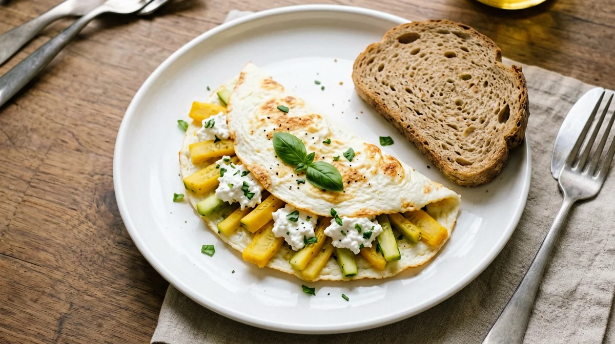 Egg white omelette with courgette flowers and ricotta