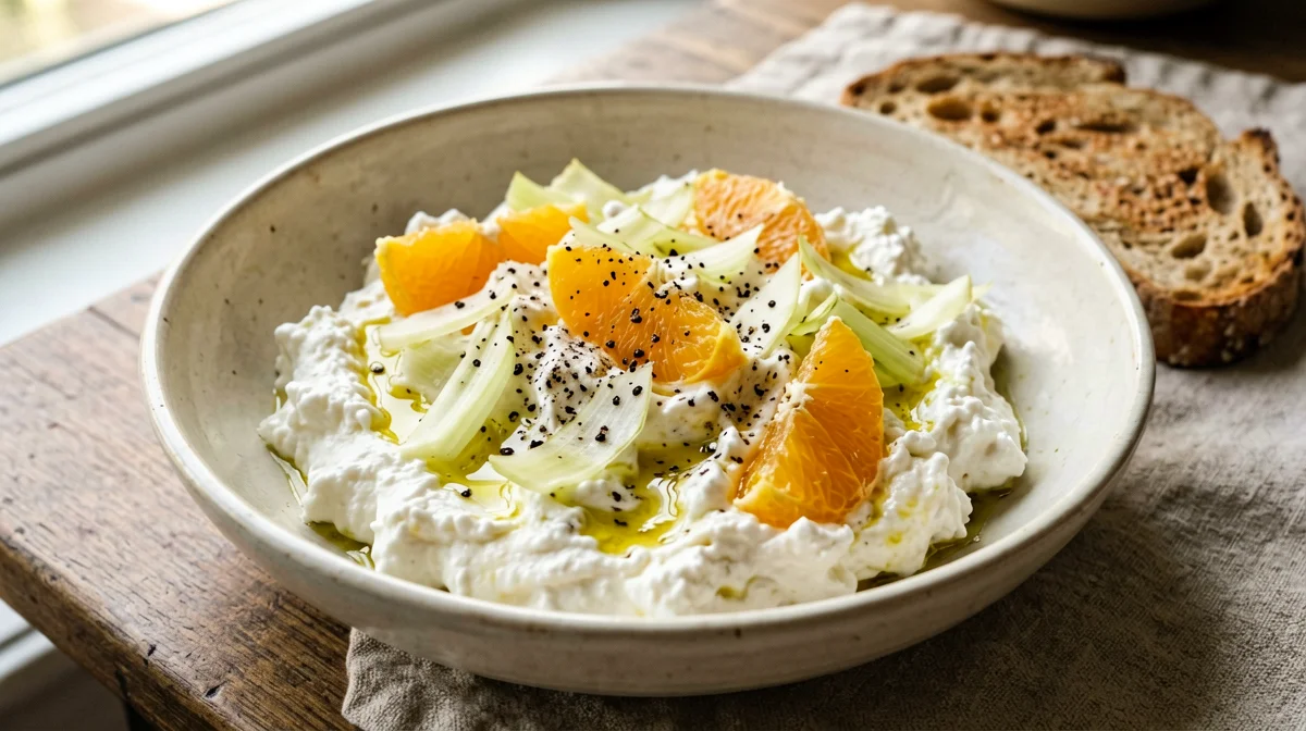 Fiocchi di latte con finocchio, arancia e pane di segale