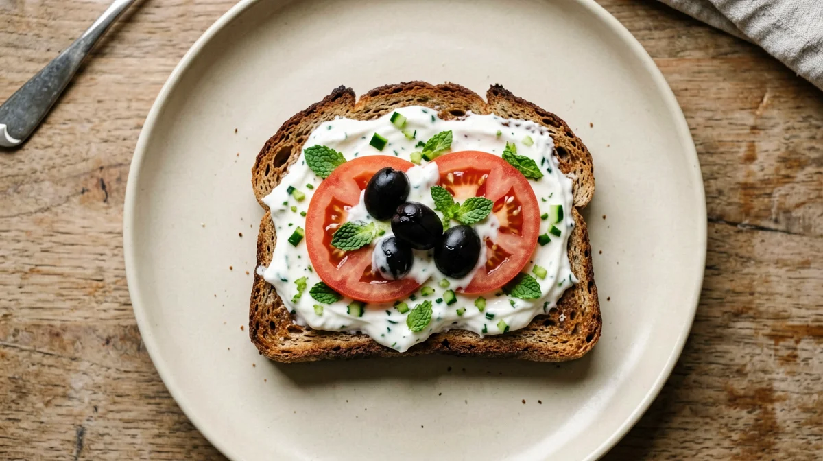 Rye bread with tzatziki, tomatoes and olives