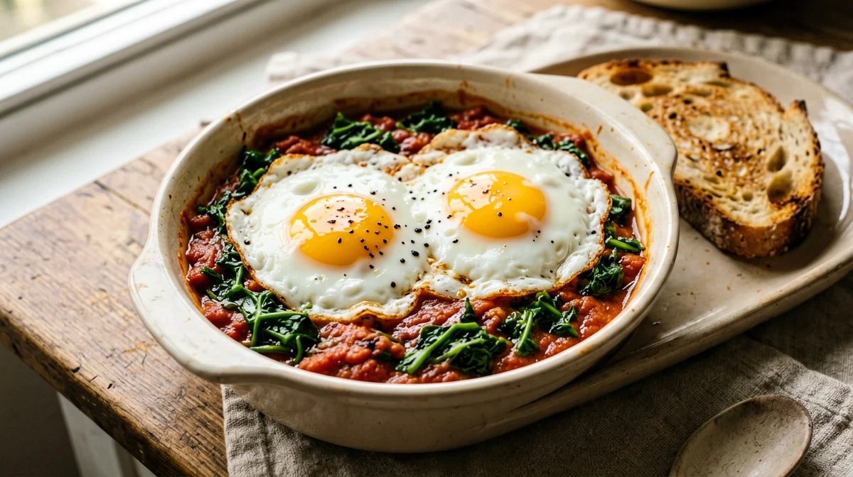 Baked eggs with cavolo nero and tomato
