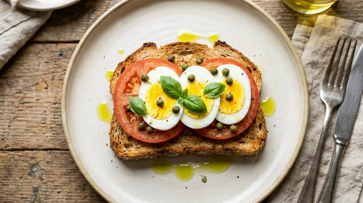 Hard-boiled egg, tomato and caper toasts