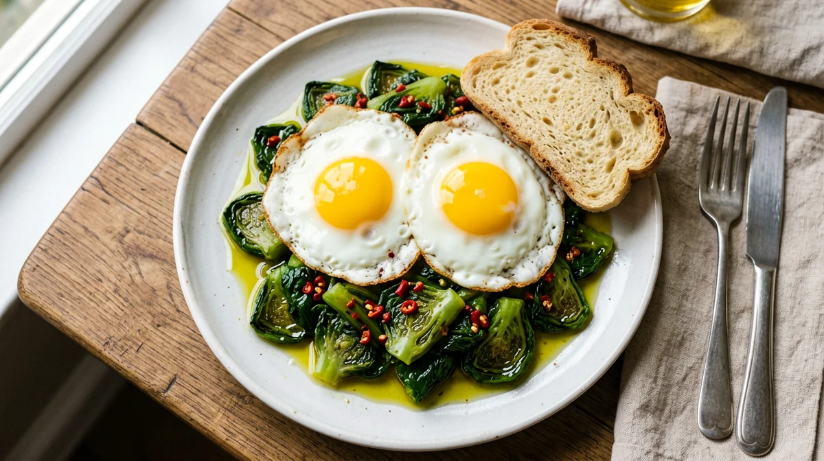 Fried eggs on sautéed turnip tops