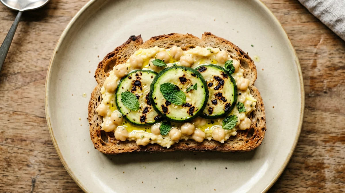 Ceci schiacciati al limone con zucchine grigliate su pane integrale