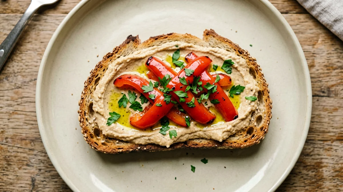 Multigrain bread with hummus, roasted peppers and parsley