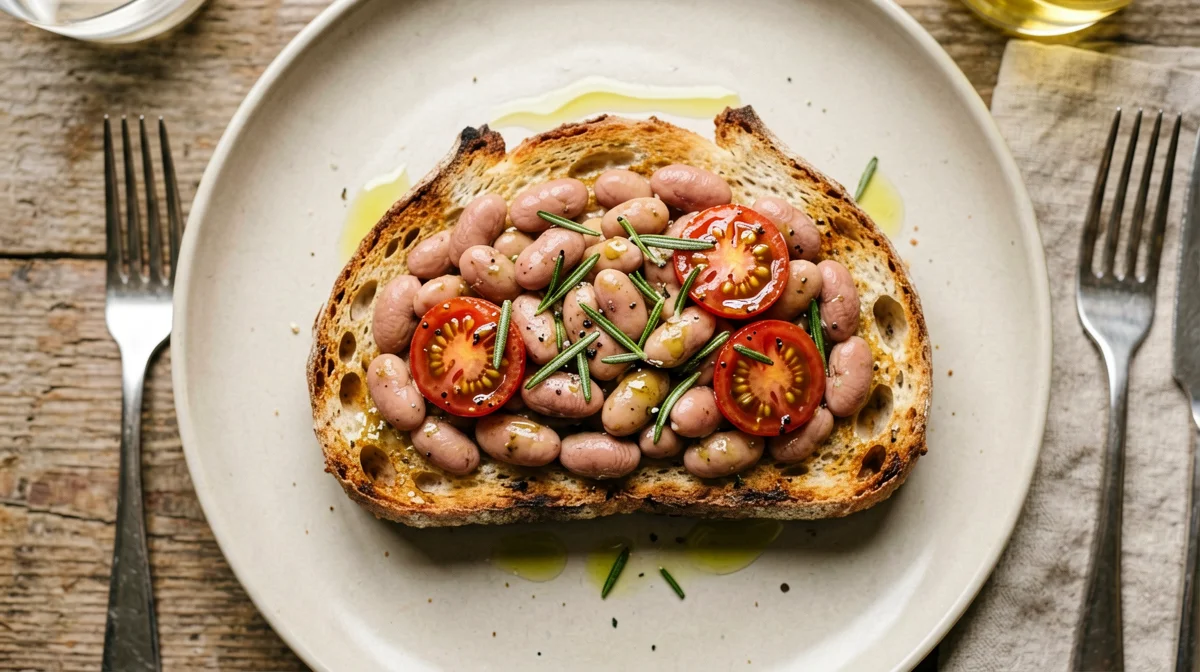 Bruschetta di borlotti, pomodorini e rosmarino