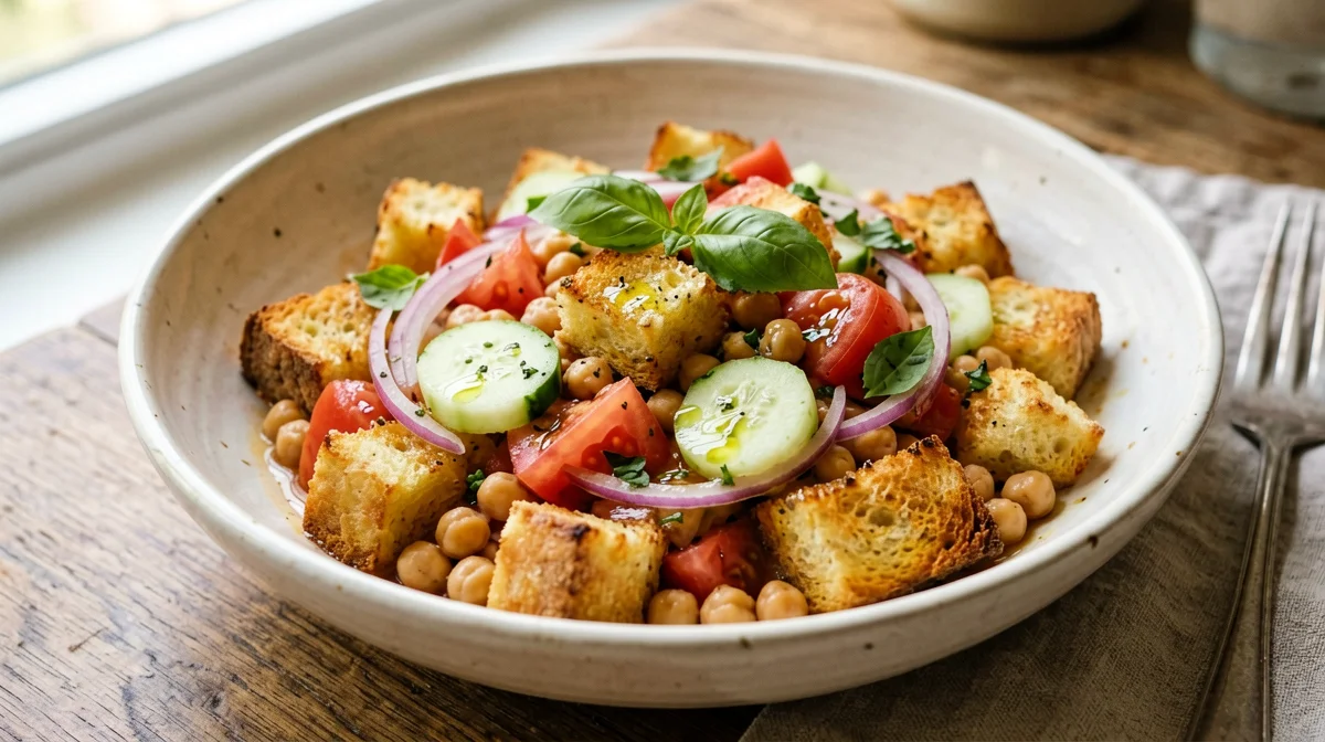 Panzanella da colazione con ceci e basilico