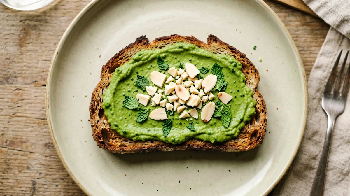 Pane di segale con crema di piselli alla menta e mandorle