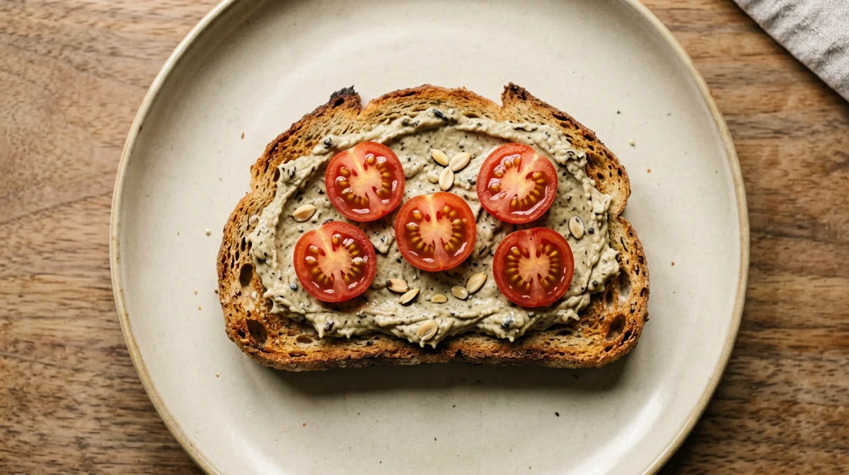 Pane integrale con crema di melanzane alle mandorle e pomodorini